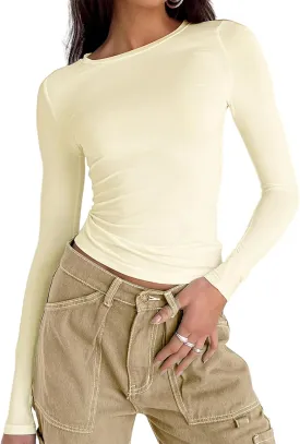 Abardsion Women's Long Sleeve Shirts Spring 2025 Casual Basic Going Out Crop Tops Slim Fit Tight Y2K Clothes
