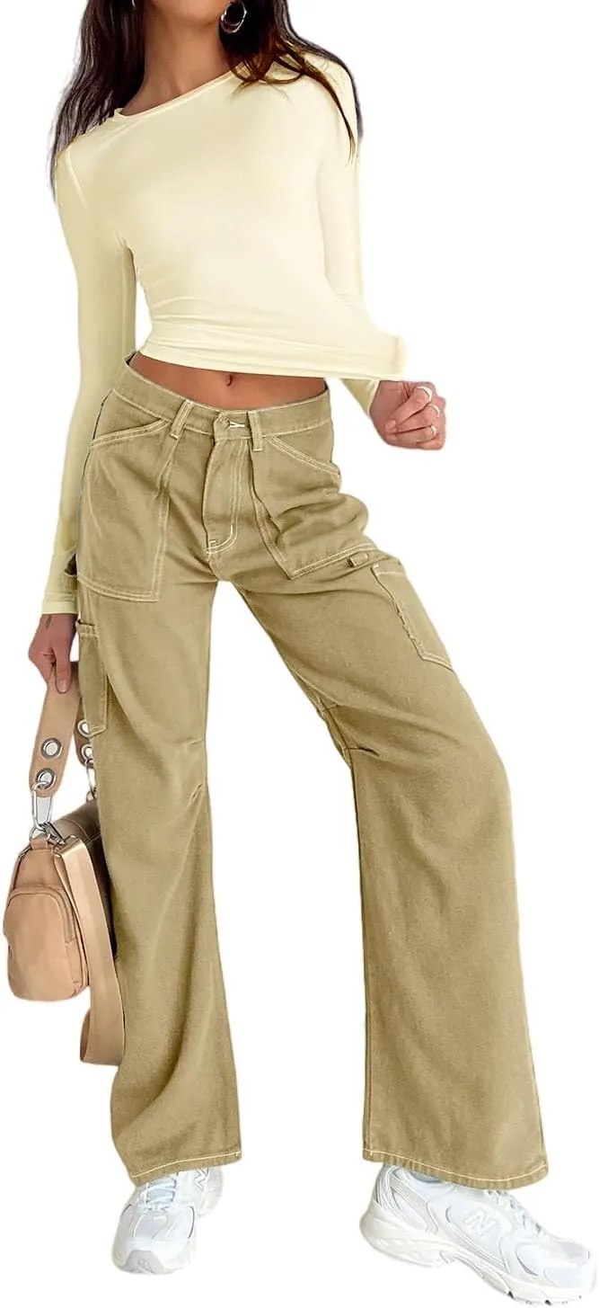 Abardsion Women's Long Sleeve Shirts Spring 2025 Casual Basic Going Out Crop Tops Slim Fit Tight Y2K Clothes
