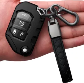 Autophone Compatible with Jeep Key Fob Cover With Leather Keychain Soft TPU Protection Key Case for 2018-2025 Wrangler JL JLU Rubicon Wagoneer Gladiator JT Sahara JLU Remote Ke (Black)