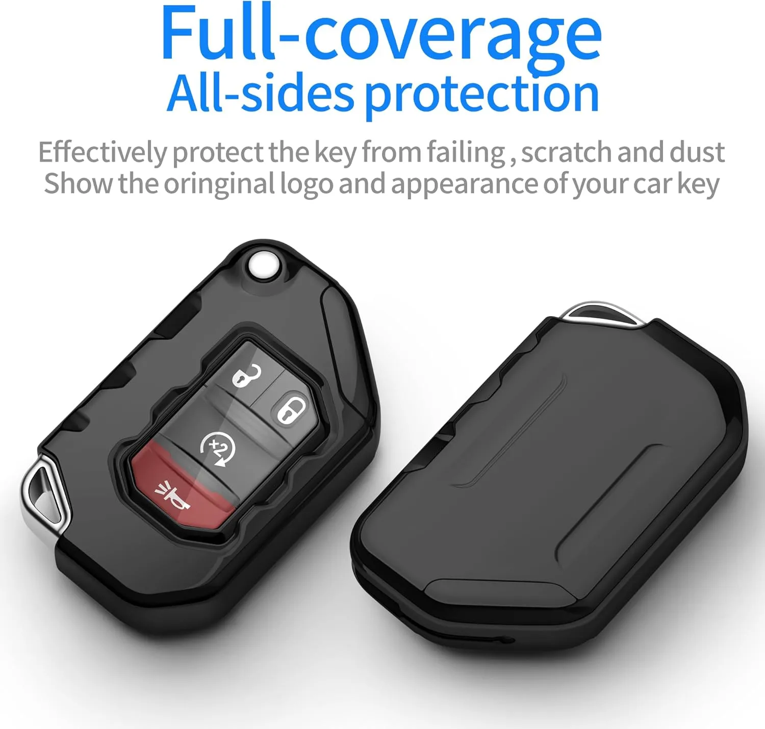 Autophone Compatible with Jeep Key Fob Cover With Leather Keychain Soft TPU Protection Key Case for 2018-2025 Wrangler JL JLU Rubicon Wagoneer Gladiator JT Sahara JLU Remote Ke (Black)