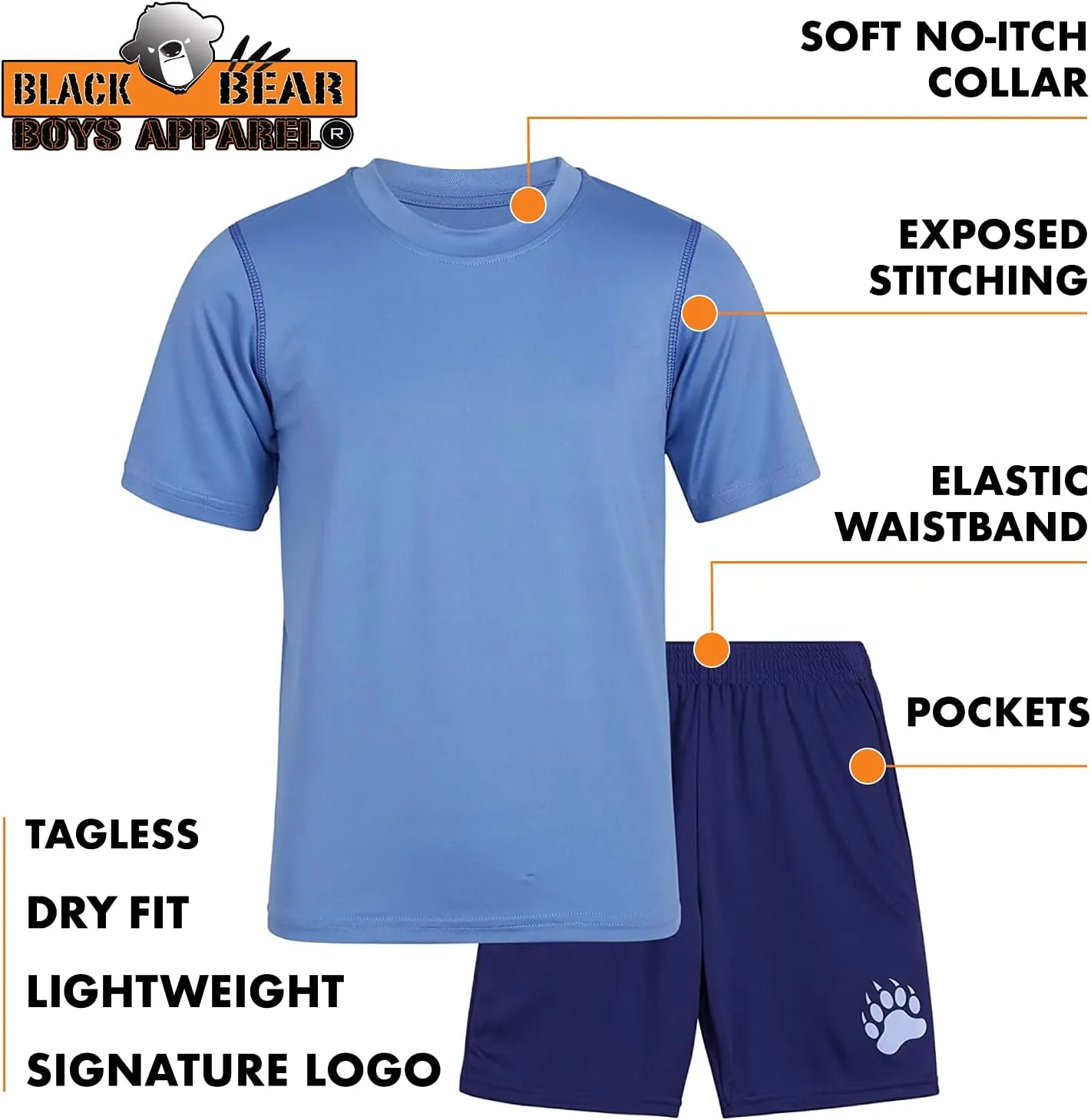 Black Bear Active Boys Short Sets - 2 Piece Performance Crewneck Short Sleeve T-Shirt and Shorts Boys Athletic Sets (8-18)