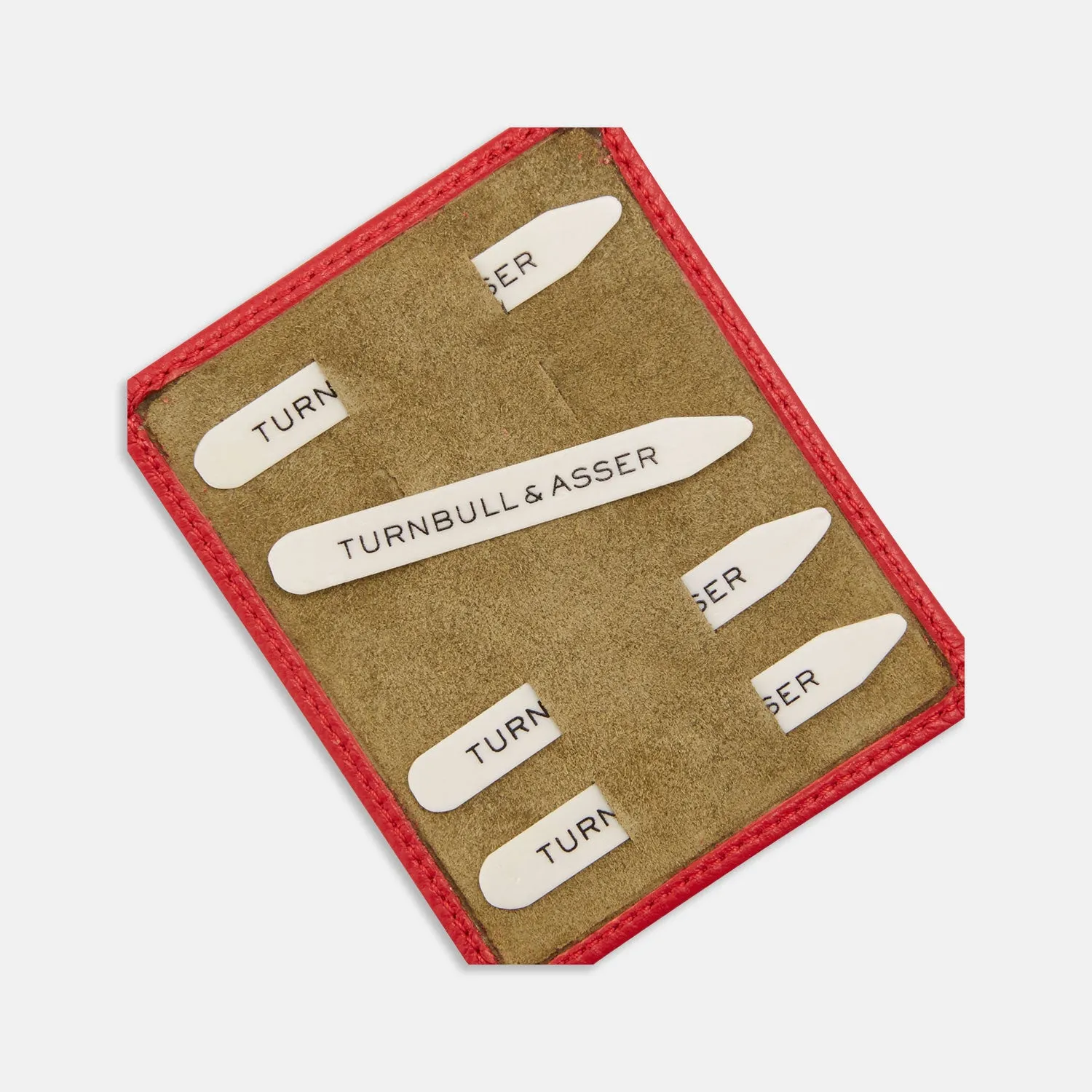 Bone Collar Stays in Red Leather Lined Olive Suede Tray
