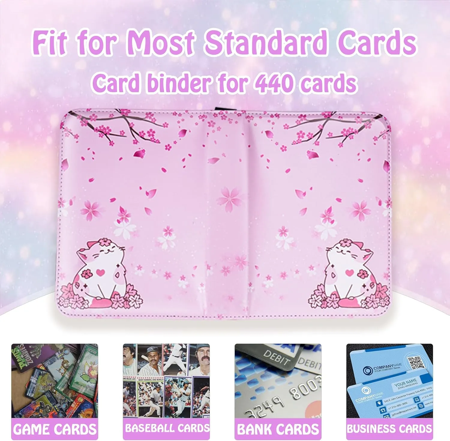 Card Binder for Girls Gifts,440 Cards Collectible Trading Card Holder Case with 55 Sleeves, 4 Pocket for TCG Game Cards Collection Sports Trading Cards Collector Album (Sakura cat)