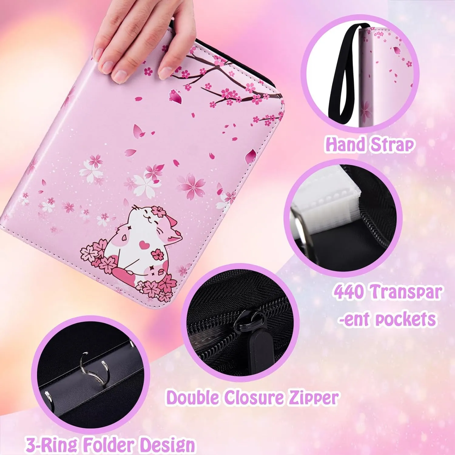 Card Binder for Girls Gifts,440 Cards Collectible Trading Card Holder Case with 55 Sleeves, 4 Pocket for TCG Game Cards Collection Sports Trading Cards Collector Album (Sakura cat)