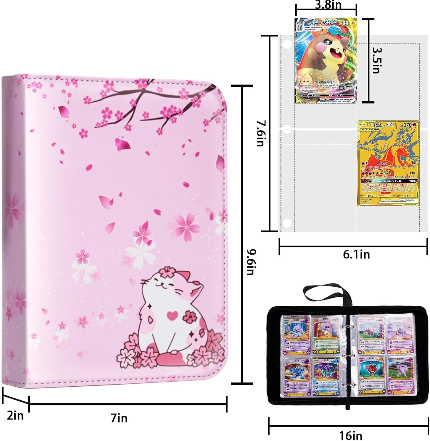 Card Binder for Girls Gifts,440 Cards Collectible Trading Card Holder Case with 55 Sleeves, 4 Pocket for TCG Game Cards Collection Sports Trading Cards Collector Album (Sakura cat)