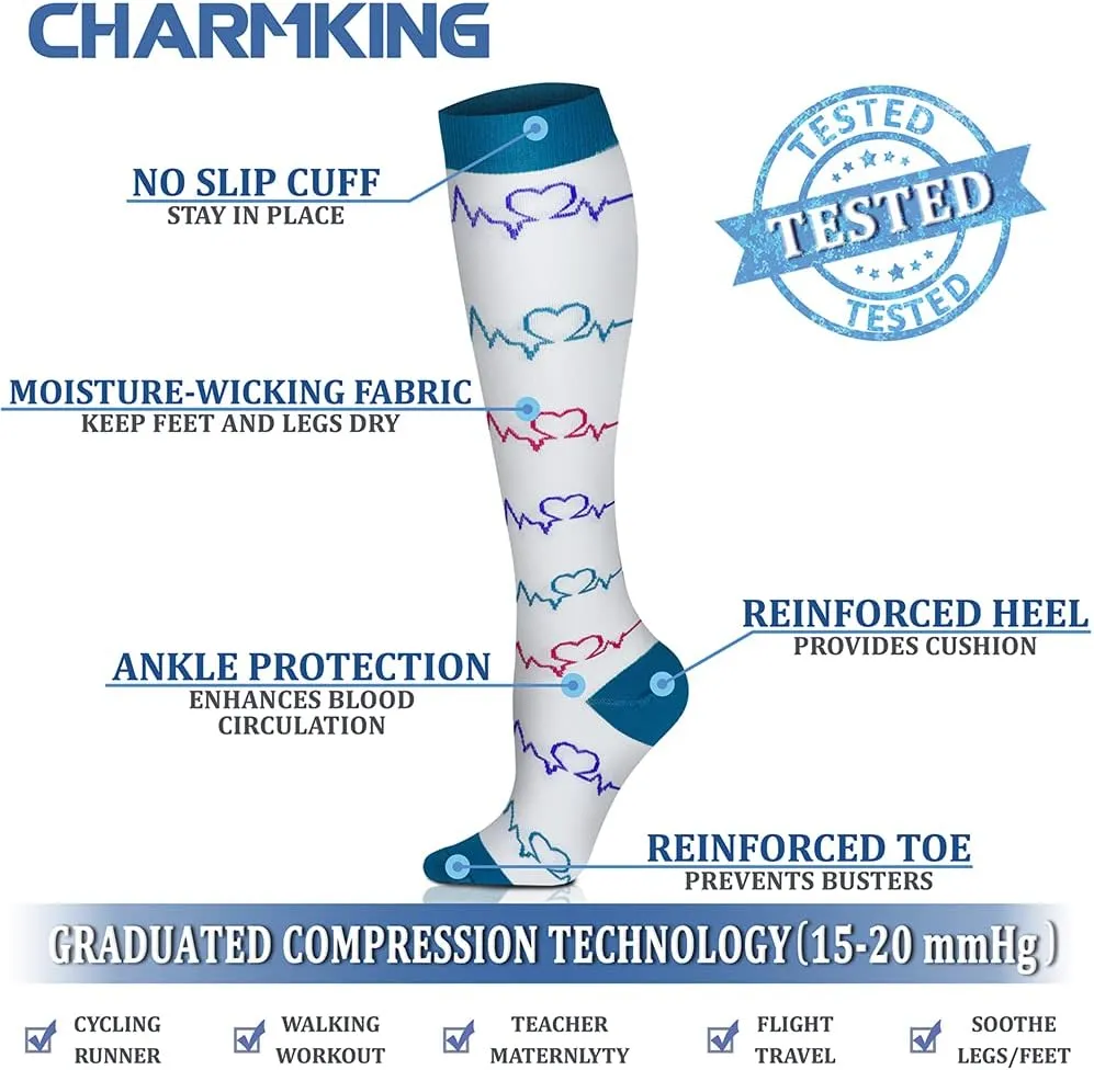 CHARMKING 6 Pairs-Compression Socks for Women & Men Circulation Best Support for Nurses, Running, Athletic,Flight Travel