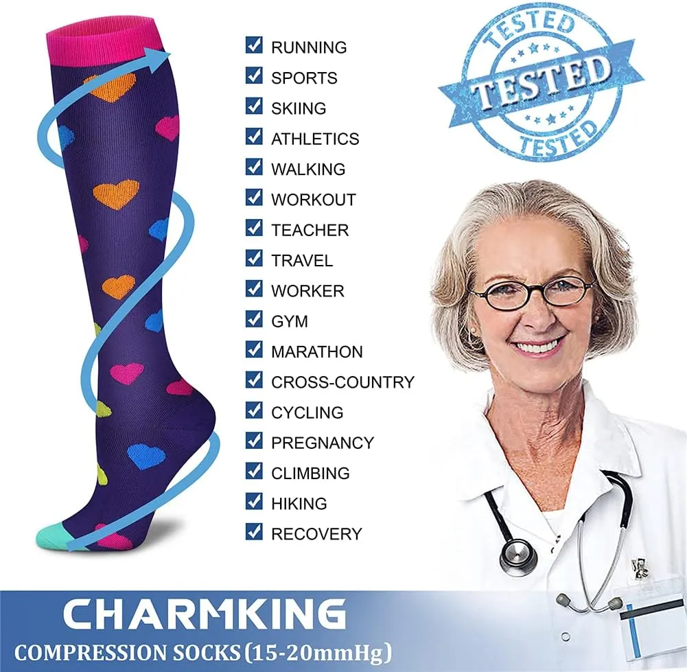 CHARMKING 6 Pairs-Compression Socks for Women & Men Circulation Best Support for Nurses, Running, Athletic,Flight Travel