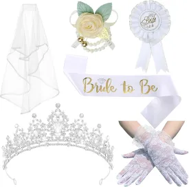 Crown for Women Bride to Be Set, 6 Pack Bride to Be Sash & Crown, Corsage, Lace Gloves & Shoulder Length Veil