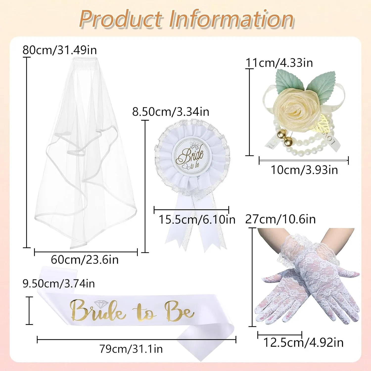 Crown for Women Bride to Be Set, 6 Pack Bride to Be Sash & Crown, Corsage, Lace Gloves & Shoulder Length Veil