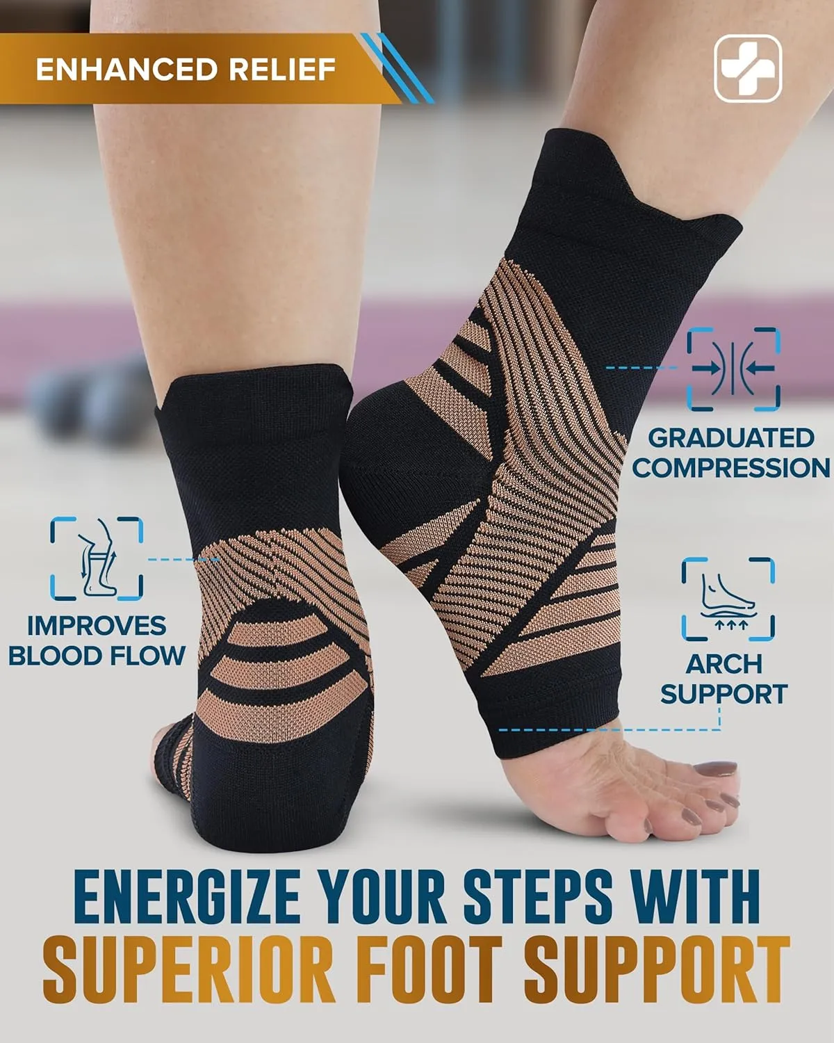 Doctor's Select Copper Ankle Sleeve - Foot and Ankle Compression Sleeve, Arch Support Socks, Compression Ankle Brace, Black with Copper