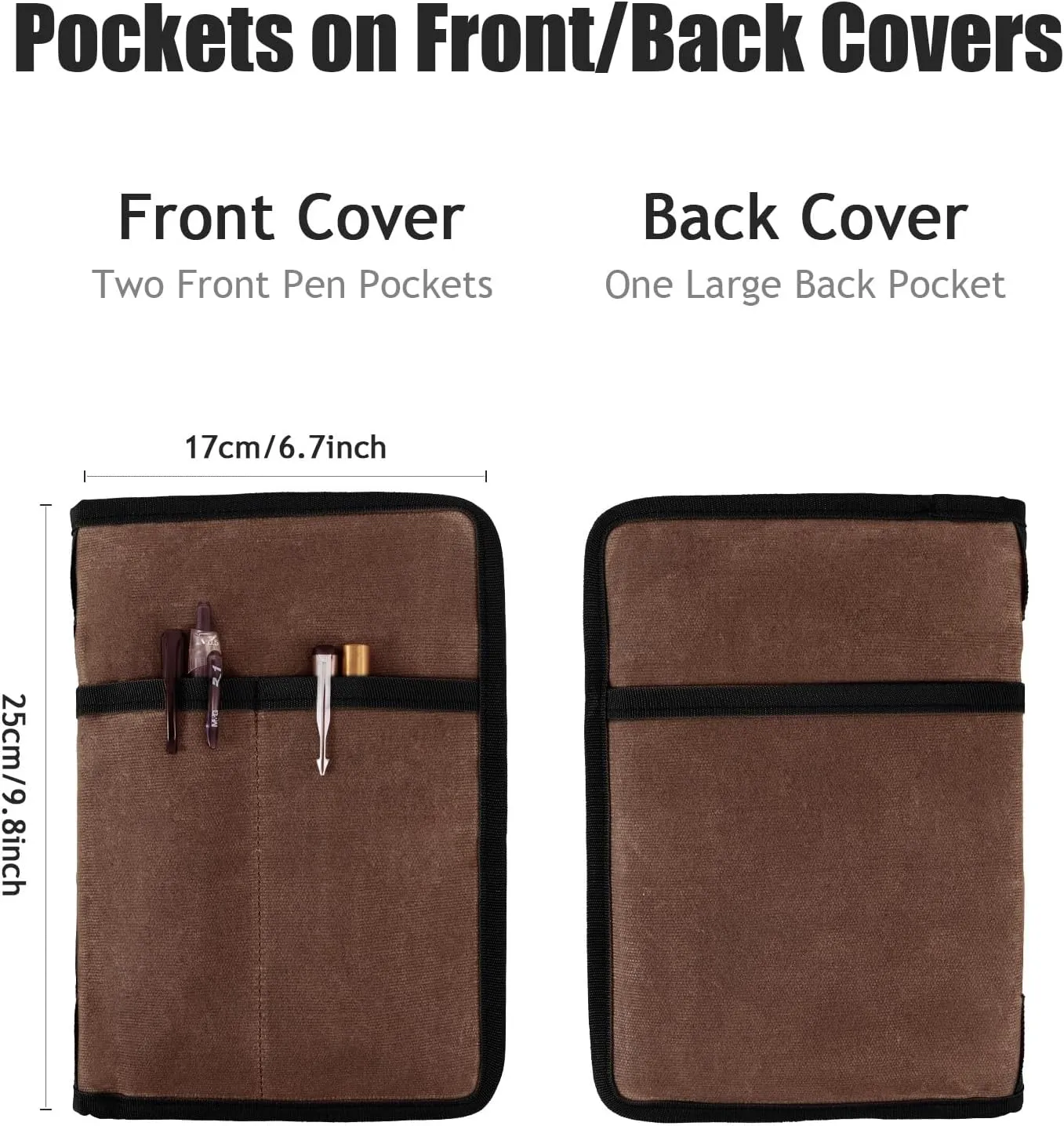 Field Notes Notebook Cover for 6.7 X 9.8 Inch with A5 Journal Cover Notebook Zipper Pocket Planner for Pen Holder,Water Resistant Cover Notebooks Sketchbook,Waterproof Waxed Canvas (Dark brown)