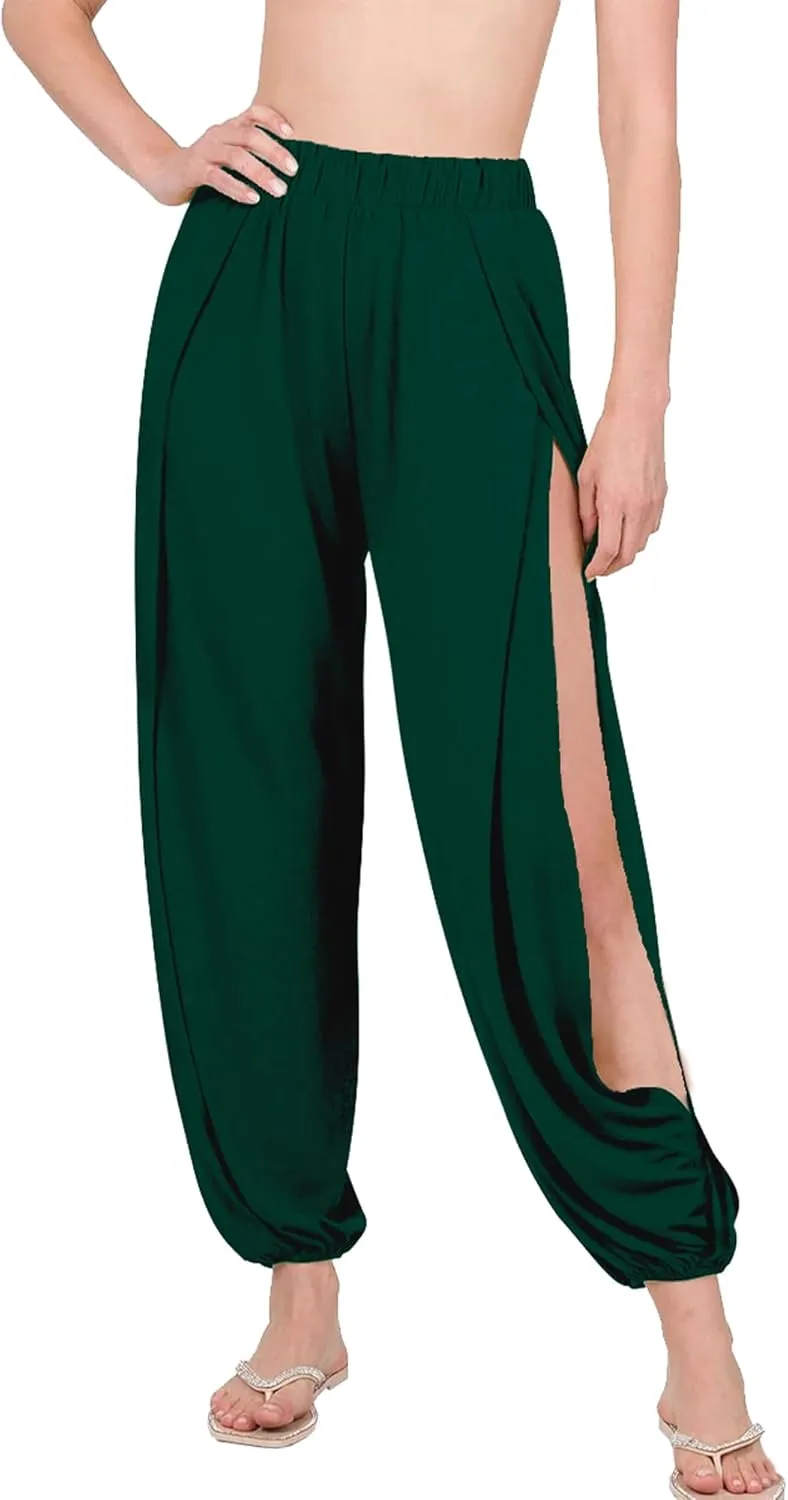 Harem Pants for Women Double High Slit Leg Flowy Yoga Pant Pilates Dance Hippie Wrap Beach Cover-Up Pants