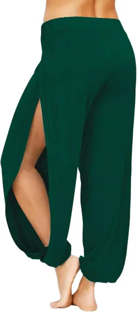 Harem Pants for Women Double High Slit Leg Flowy Yoga Pant Pilates Dance Hippie Wrap Beach Cover-Up Pants