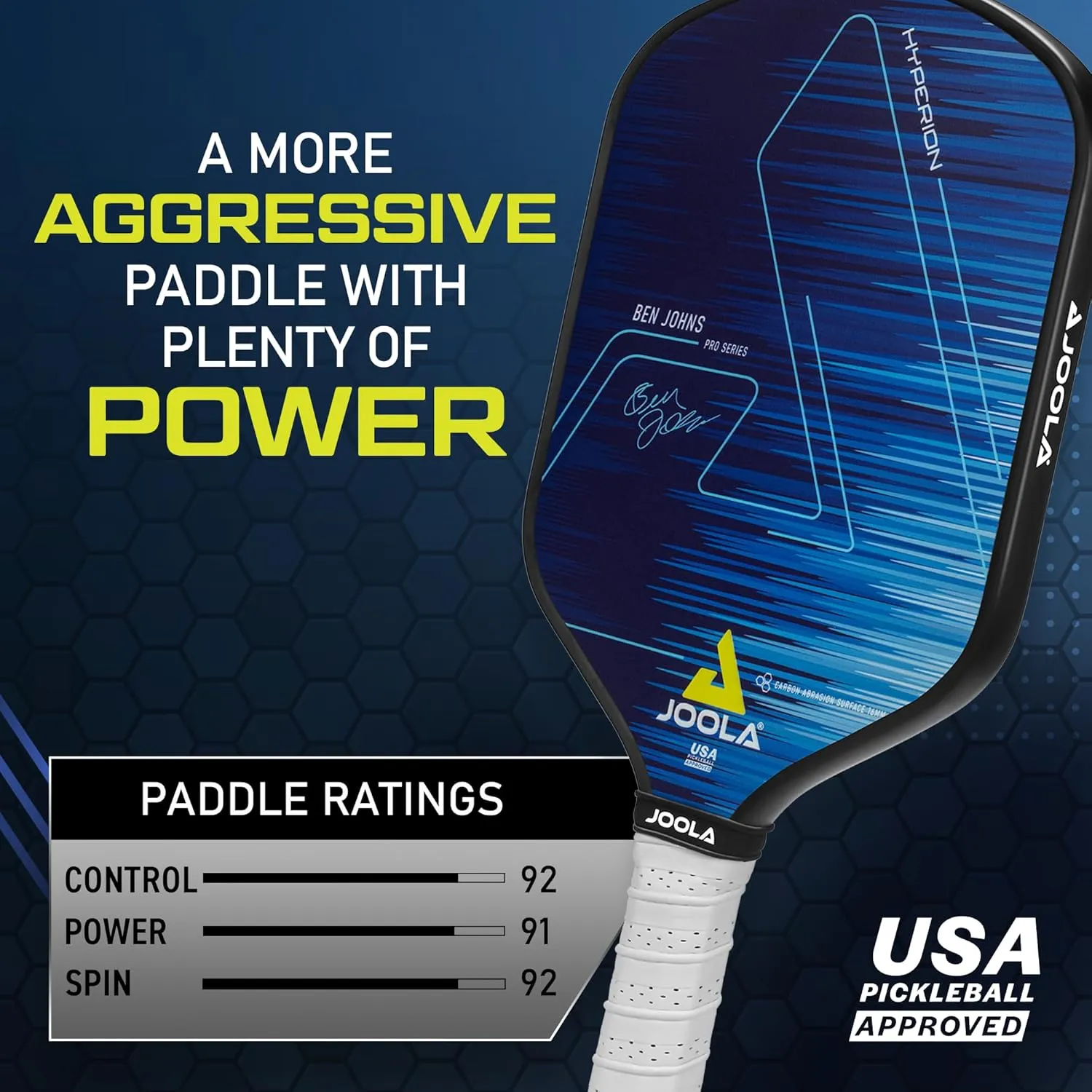 JOOLA Ben Johns Hyperion Pickleball Paddle - Select Raw Carbon Surface or Carbon Abrasion Surface for Increased Power and Spin - Elongated Grip Handle - Carbon Fiber Pickleball Paddle - USAP Approved