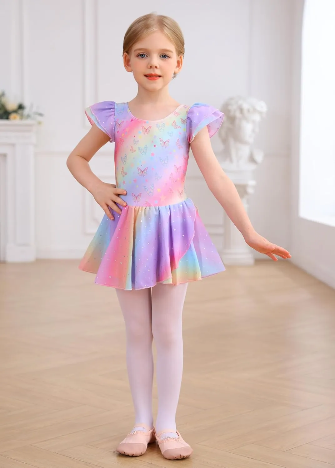 MdnMd Toddler Ballet Leotards for Girls Dance Leotards with Skirt Gymnastic Ballerina Outfit Dress Classic Short Sleeve