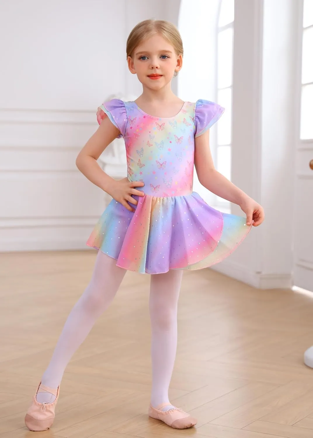 MdnMd Toddler Ballet Leotards for Girls Dance Leotards with Skirt Gymnastic Ballerina Outfit Dress Classic Short Sleeve
