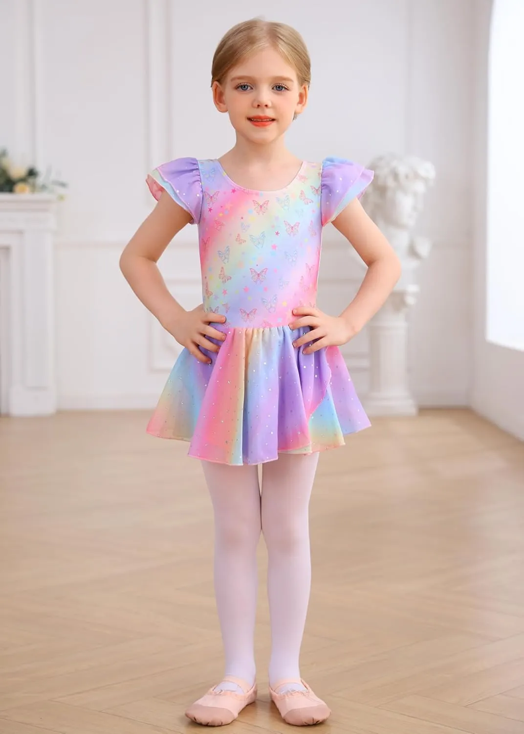 MdnMd Toddler Ballet Leotards for Girls Dance Leotards with Skirt Gymnastic Ballerina Outfit Dress Classic Short Sleeve