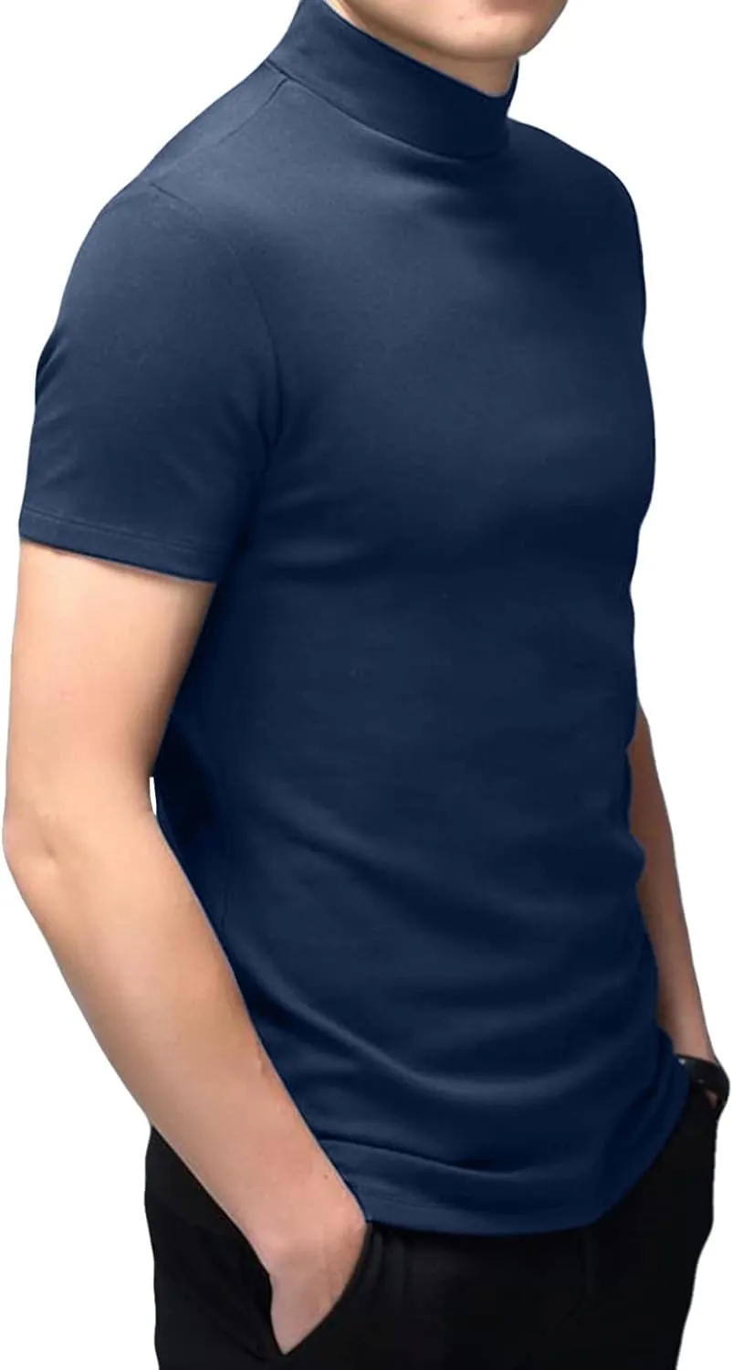 Mens T Shirt Short Sleeve Basic Mock Turtleneck Slim Fit Undershirt Pullover Thermal Solid Tops