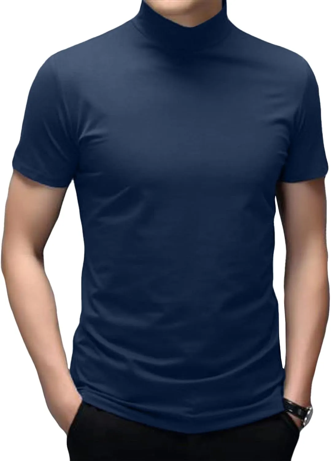 Mens T Shirt Short Sleeve Basic Mock Turtleneck Slim Fit Undershirt Pullover Thermal Solid Tops