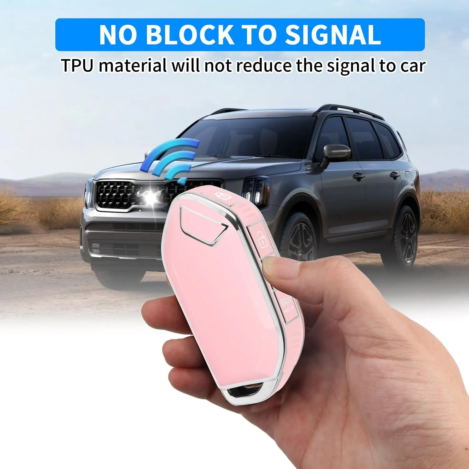 QBUC for Kia Key fob Cover,Soft TPU 360Car Key Case Protector with Leather Keychain Compatible with Kia Telluride 2023/2024 5 Buttons Smart Key (Pink)