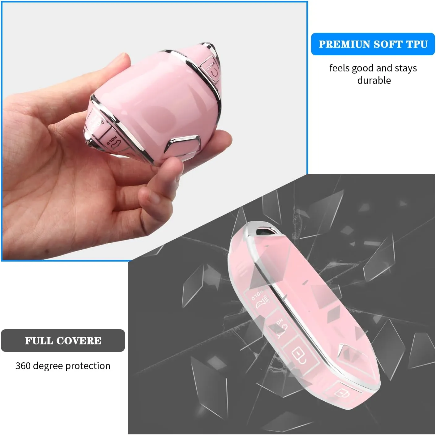 QBUC for Kia Key fob Cover,Soft TPU 360Car Key Case Protector with Leather Keychain Compatible with Kia Telluride 2023/2024 5 Buttons Smart Key (Pink)