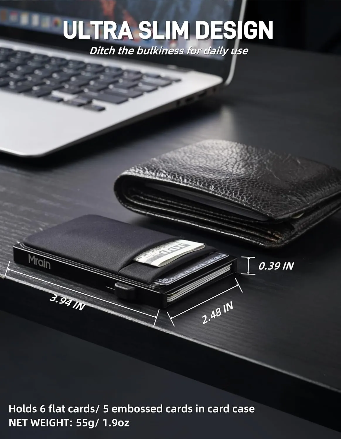 Slim Wallet for Men, Aluminum Business Card Holder, Minimalist Metal Pop Up Wallet Black, RFID Blocking, Coin and Cash Pocket, Ultra Slim, Gift for Him