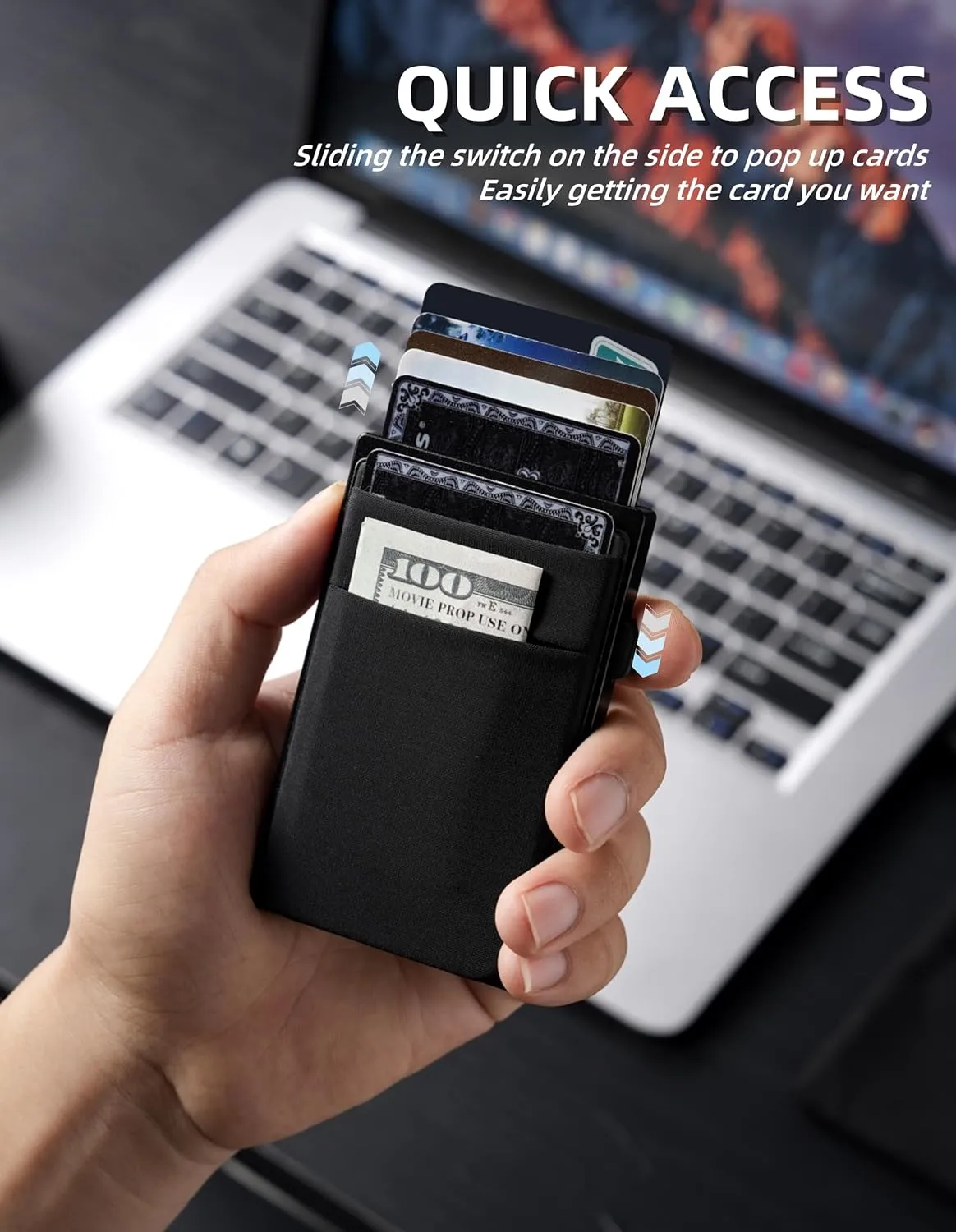 Slim Wallet for Men, Aluminum Business Card Holder, Minimalist Metal Pop Up Wallet Black, RFID Blocking, Coin and Cash Pocket, Ultra Slim, Gift for Him