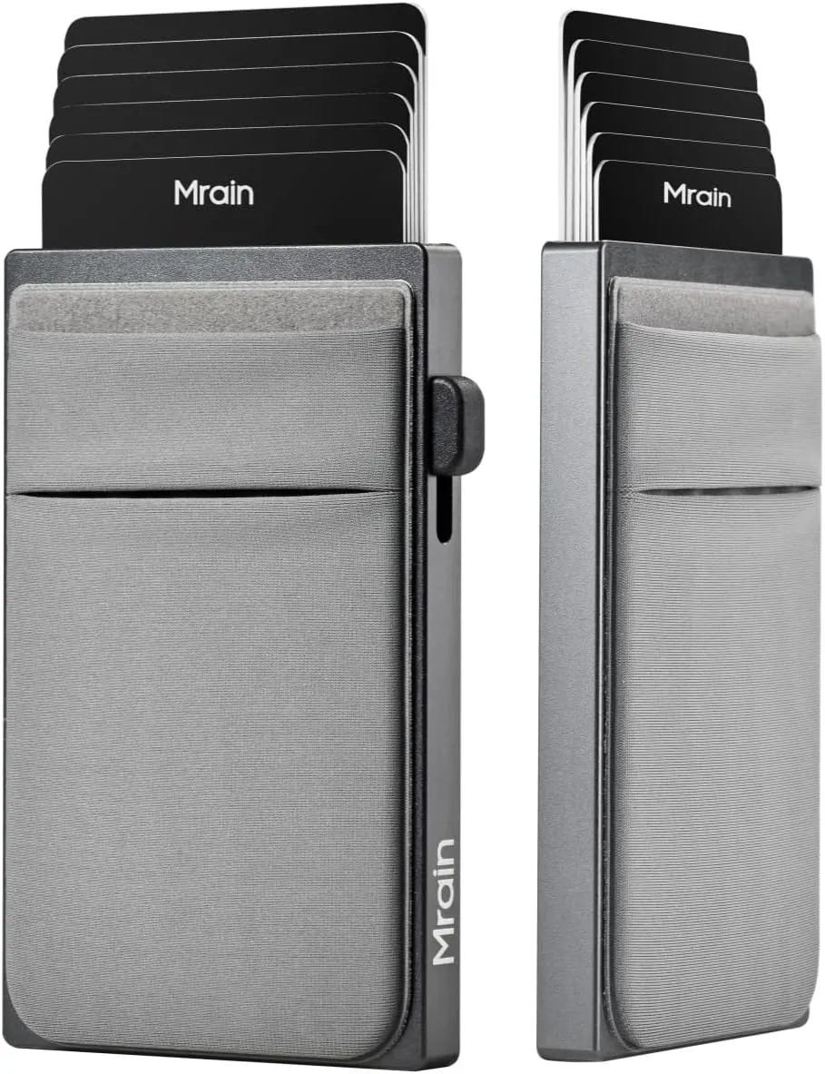 Slim Wallet for Men, Aluminum Business Card Holder, Minimalist Metal Pop Up Wallet, RFID Blocking, Coin and Cash Pocket, Ultra Slim, Gift for Him (Grey)