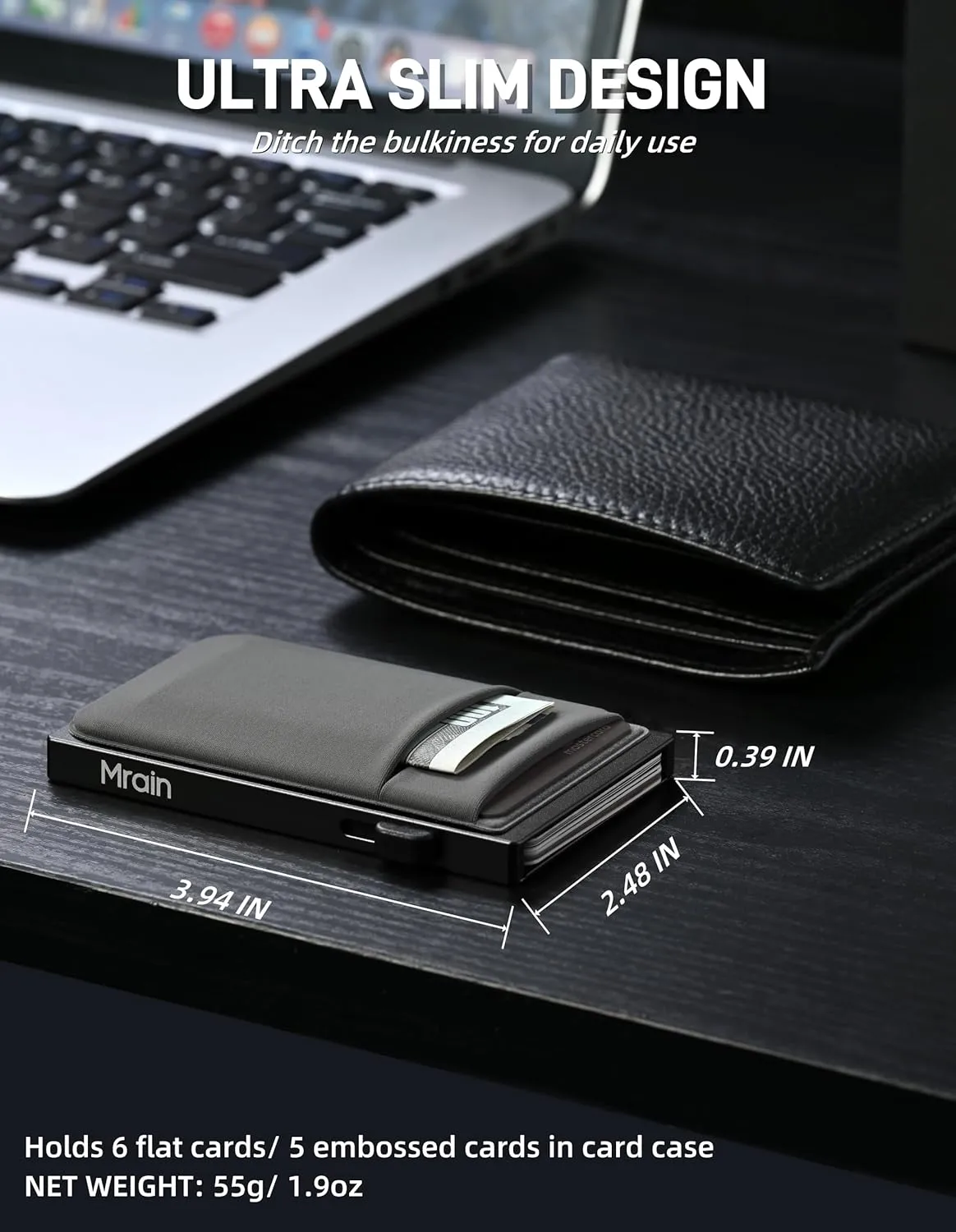 Slim Wallet for Men, Aluminum Business Card Holder, Minimalist Metal Pop Up Wallet, RFID Blocking, Coin and Cash Pocket, Ultra Slim, Gift for Him (Grey)