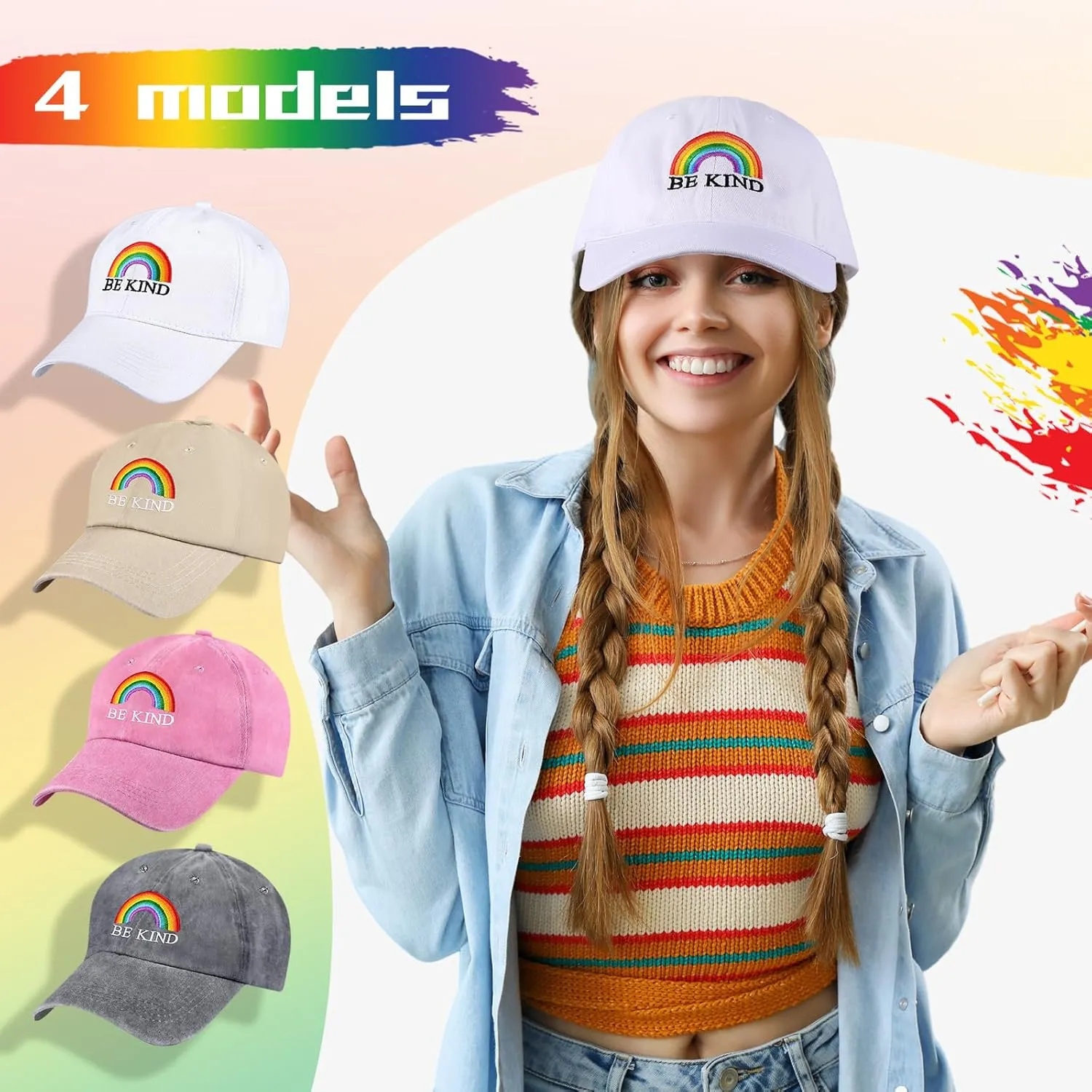 Sureio 4 Pieces LGBT Baseball Hat Rainbow Denim Hats Washed Cotton Profile Embroidered Adjustable Baseball for Men Women