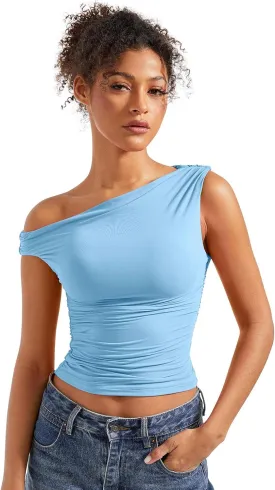 SUUKSESS Women Off Shoulder Tops Sleeveless Shirts Y2K Going Out Crop Tank Top
