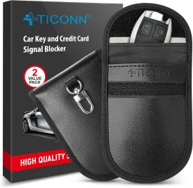 TICONN 2PK Faraday Bag for Key Fob, 3.5''X5.0'' Faraday Cage Protector, Car RFID Signal Blocking, Anti-Theft Pouch Anti-Hacking Case Blocker (Black PU)
