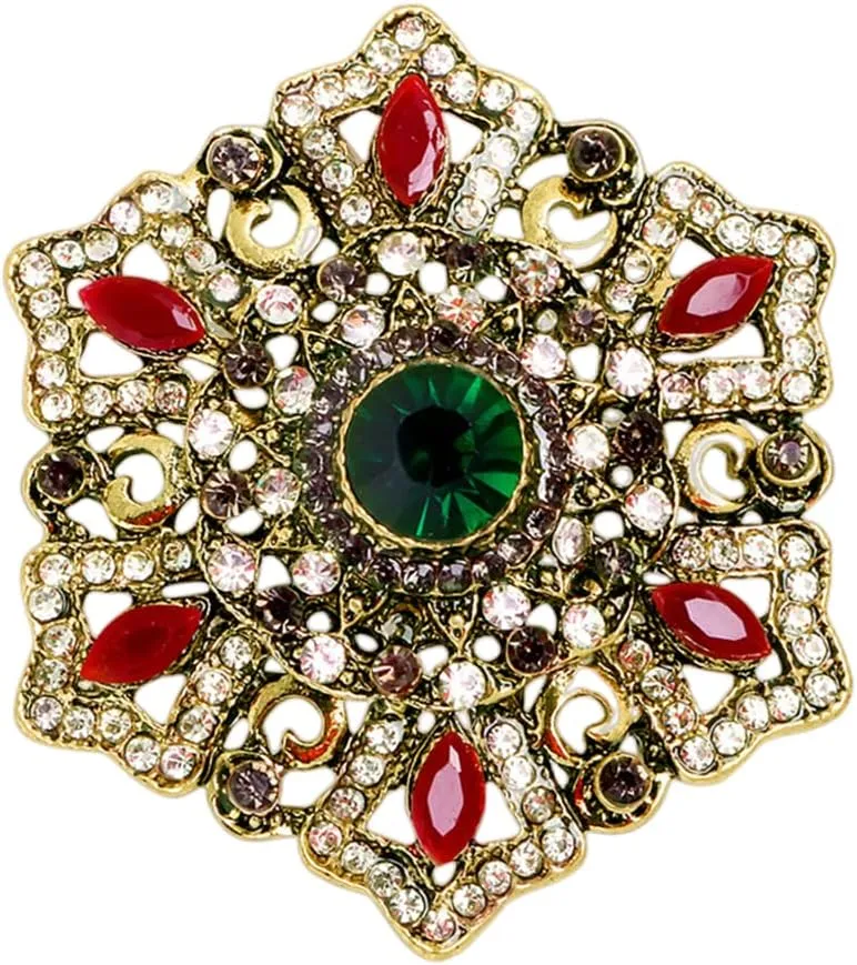 Vintage Rhinestone Snowflake Flower Brooch Pin for Women Girls Fashion Red Green Crystal Baroque Big Brooches Lapel Pins Dainty Boho Christmas Festival Holiday Father's Day Jewelry Gift