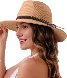 Womens Straw Panama Hat Wide Brim Fedora Summer Beach Sun Hat for Women UPF50 