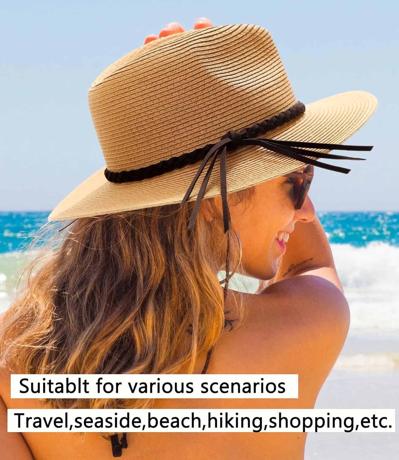 Womens Straw Panama Hat Wide Brim Fedora Summer Beach Sun Hat for Women UPF50 