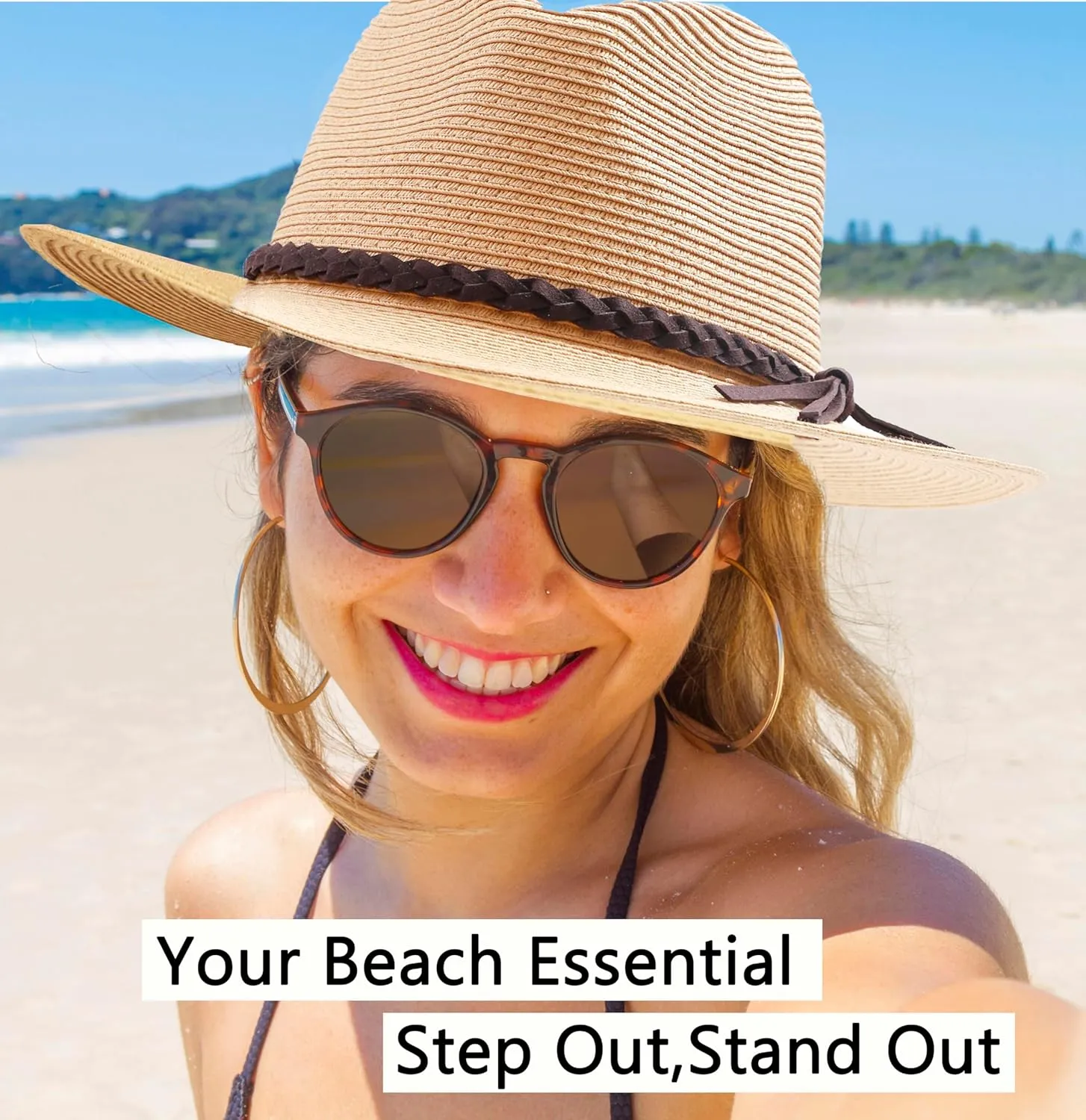 Womens Straw Panama Hat Wide Brim Fedora Summer Beach Sun Hat for Women UPF50 
