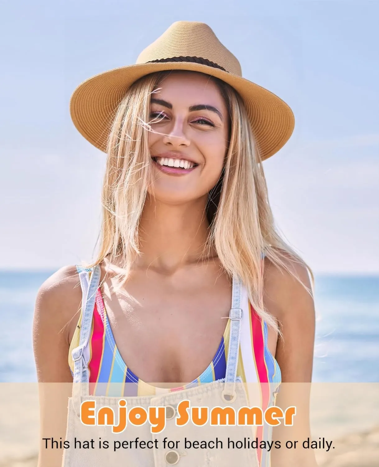 Womens Straw Panama Hat Wide Brim Fedora Summer Beach Sun Hat for Women UPF50 