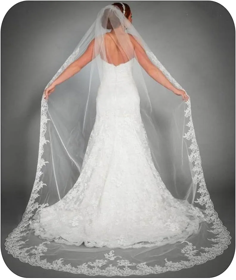 Yalice Catherdal Wedding Veils for Brides Long Bridal Veil 1 Tier Veils Floral Lace Soft Tulle Veils with Comb 118''