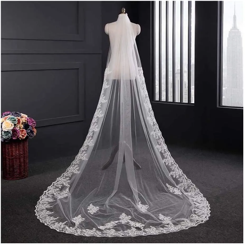 Yalice Catherdal Wedding Veils for Brides Long Bridal Veil 1 Tier Veils Floral Lace Soft Tulle Veils with Comb 118''