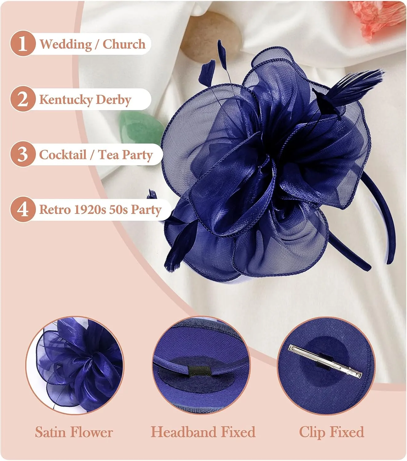 Z&X Sinamay Fascinator Pillbox Hats for Women Feather Flower Church Derby Headband Clip Wedding Tea Party Hat